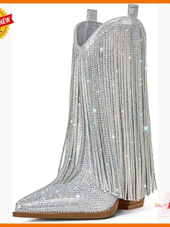 Shoes - Rhinestone Fringe Cowboy Boots Pointed Toe Pull-On Mid-Calf Western
